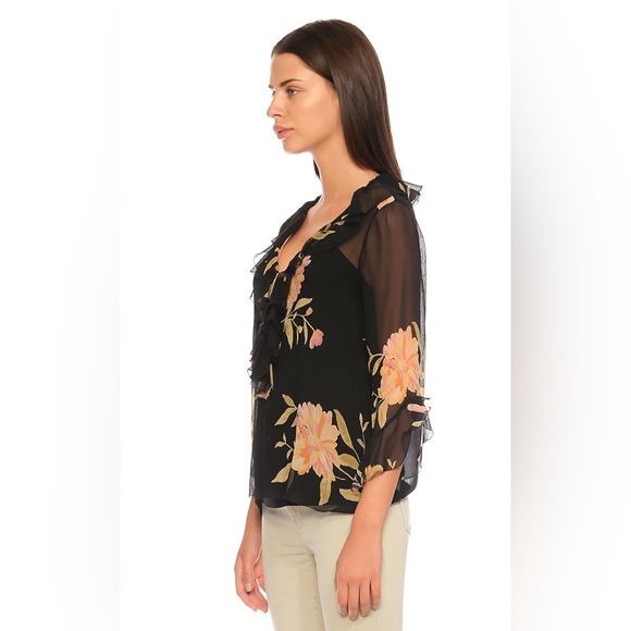 Polo Ralph Lauren (S) 100% Silk Floral Ruffle Sheer Black Work Career Blouse - Picture 4 of 12